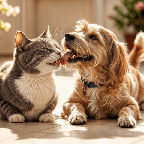 Cão e gato brincando em casa com veterinária