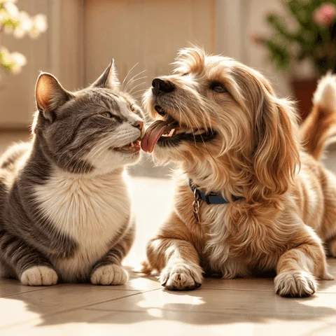Cão e gato brincando em casa com veterinária