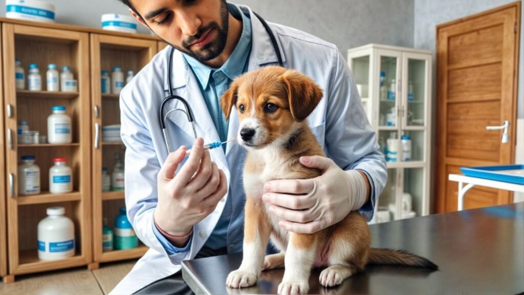 Vacinação para Cães Filhotes: Veterinário vacinando filhote de cão na Tia Catarina Vet