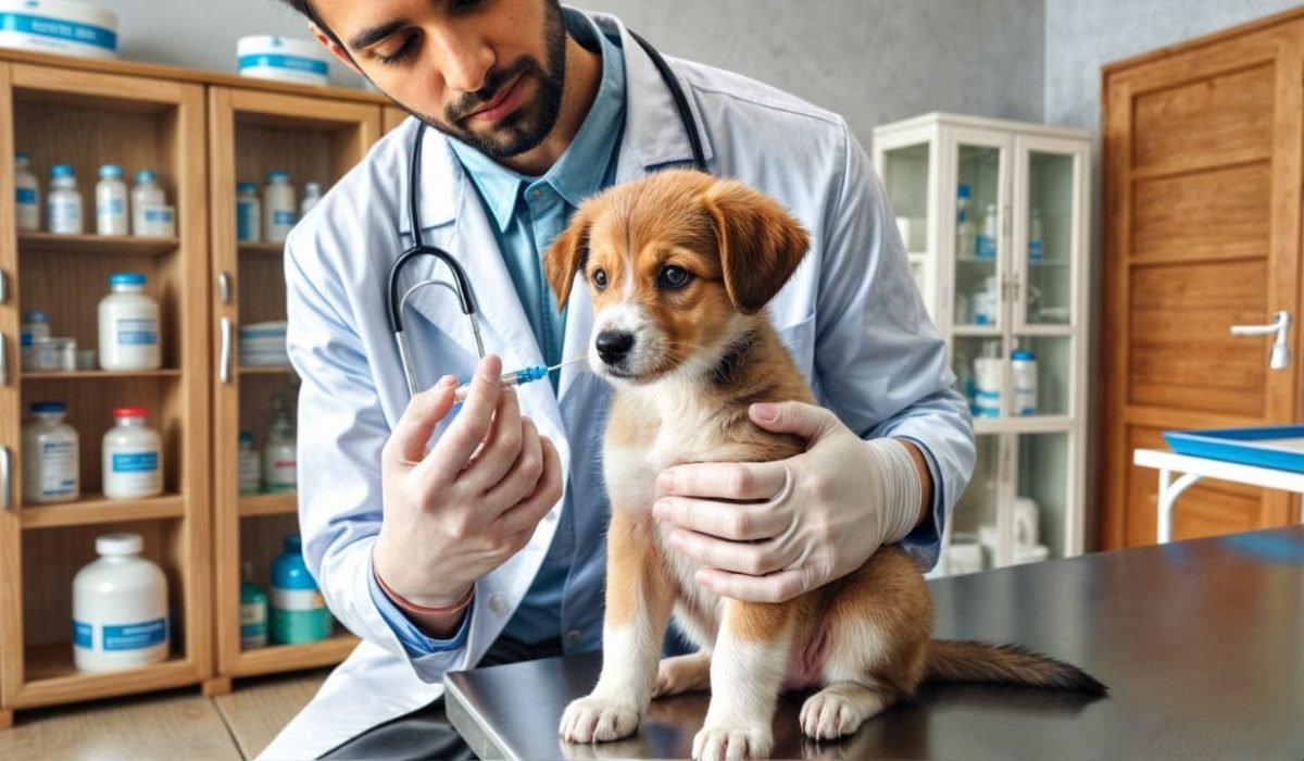 Vacinação para Cães Filhotes: Veterinário vacinando filhote de cão na Tia Catarina Vet